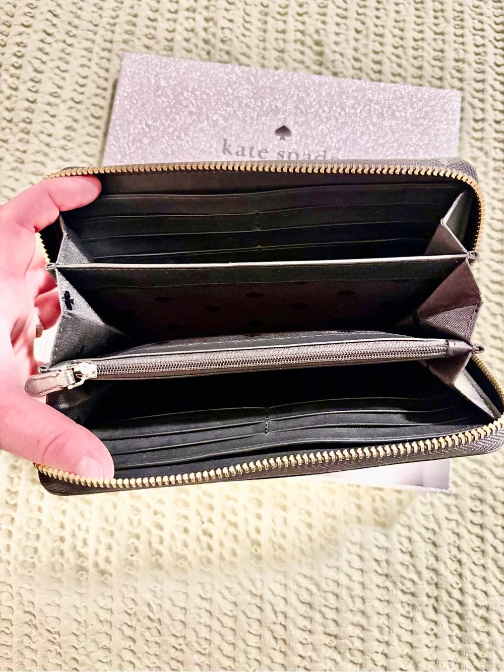 kate spade Black Glitter Zip-Around Continental Wallet with Gold Logo